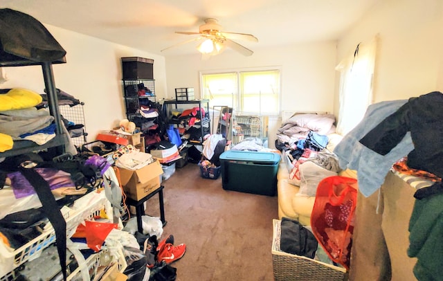 bedroom with a ceiling fan and carpet