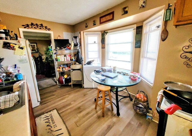 dining room featuring washer / dryer and light wood-style flooring