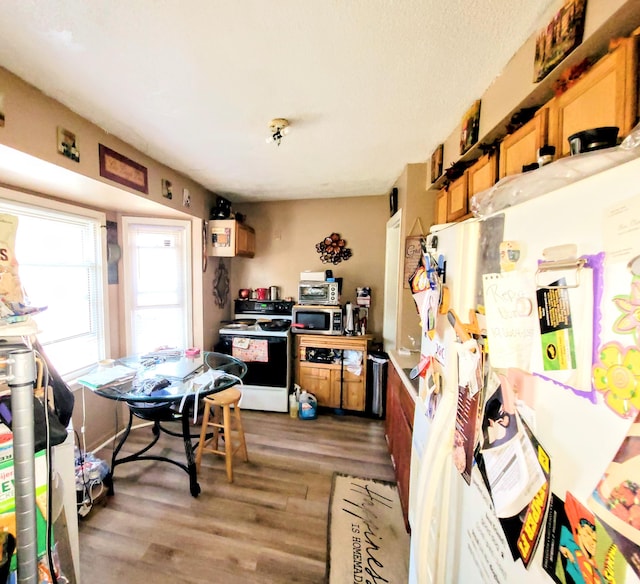 kitchen featuring stainless steel microwave, light wood finished floors, electric range oven, and freestanding refrigerator