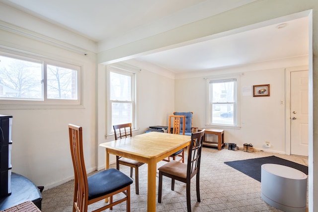 dining room featuring baseboards and carpet