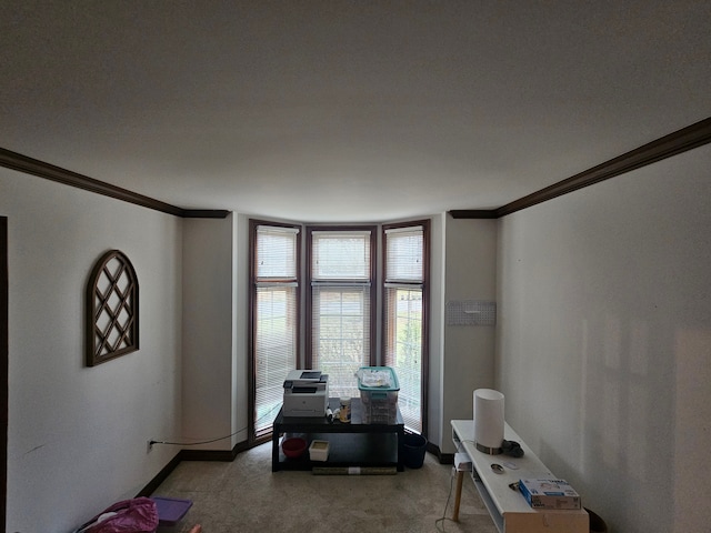 dining area featuring light carpet, baseboards, and ornamental molding