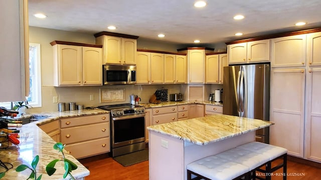 5393 Blaine Ave SE, Grand Rapids, MI 49508 - kitchen featuring light stone counters, stainless steel appliances, a breakfast bar, and dark wood-style flooring