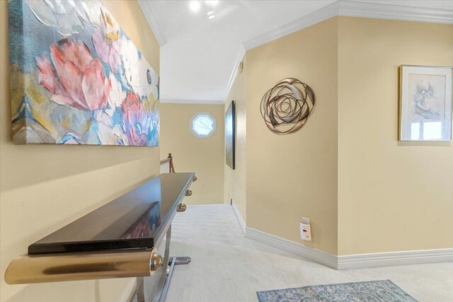 9283 Firwood Rd, South Lyon, MI 48178 - hallway with carpet floors, ornamental molding, baseboards, and an upstairs landing