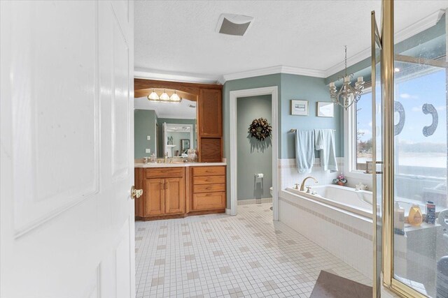 9283 Firwood Rd, South Lyon, MI 48178 - bathroom with toilet, vanity, a bath, ornamental molding, and an inviting chandelier