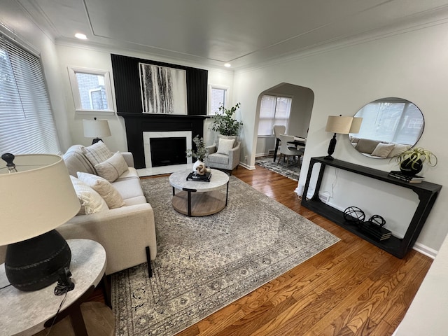 living area with baseboards, ornamental molding, a fireplace, wood finished floors, and arched walkways
