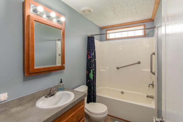 full bathroom with visible vents, toilet, vanity, a textured ceiling, and shower / bathtub combination with curtain
