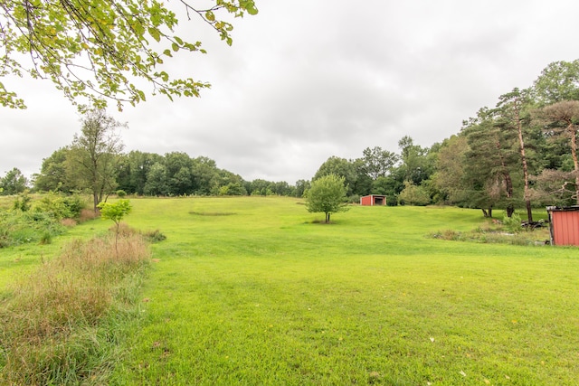 view of yard featuring a rural view, an outdoor structure, and a shed