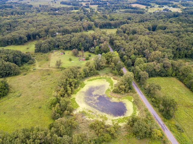 drone / aerial view with a wooded view
