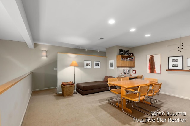 dining area with visible vents, carpet, baseboards, recessed lighting, and beam ceiling