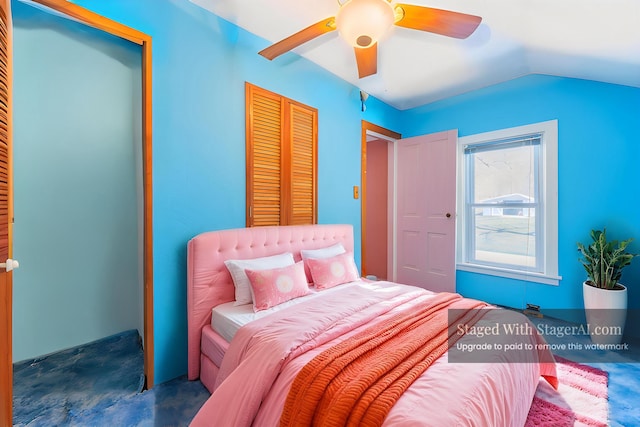 bedroom featuring vaulted ceiling and a ceiling fan