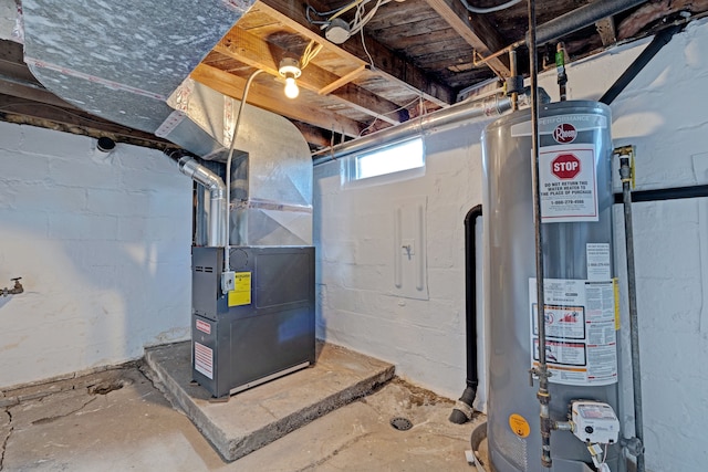 utility room featuring heating unit and water heater