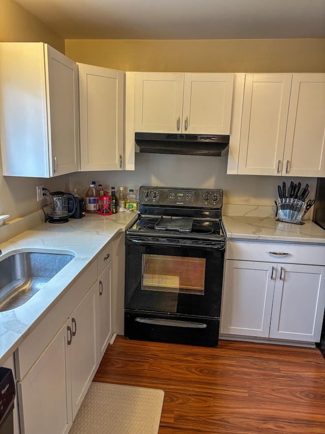 kitchen with under cabinet range hood, white cabinetry, black / electric stove, and a sink