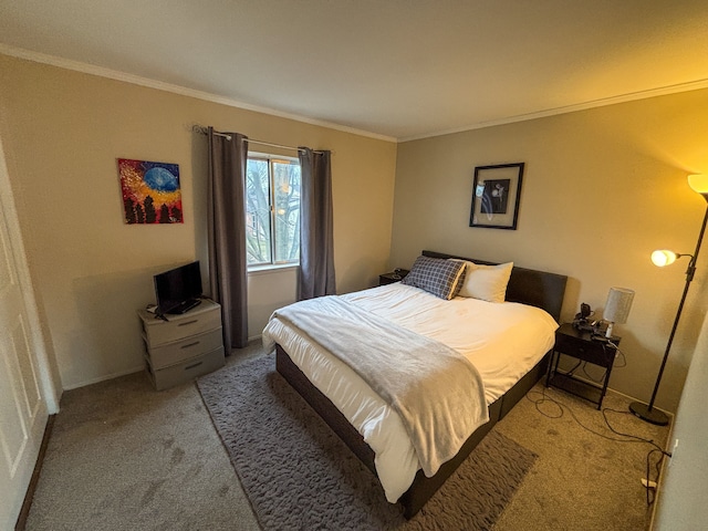 bedroom with light carpet and crown molding