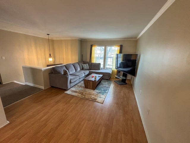 living area featuring baseboards, ornamental molding, and wood finished floors