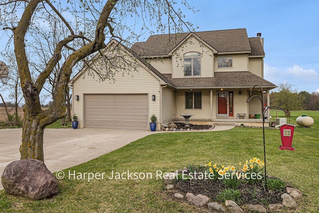traditional home with a front lawn, a garage, a chimney, roof with shingles, and concrete driveway