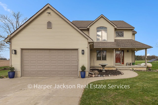 traditional-style home featuring a porch, concrete driveway, a shingled roof, and a front lawn