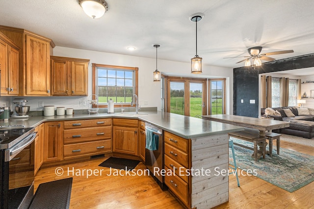 kitchen with a sink, light wood-style floors, a peninsula, appliances with stainless steel finishes, and open floor plan