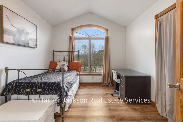 bedroom with lofted ceiling, wood finished floors, and baseboards