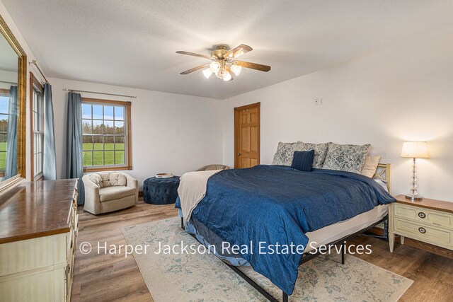 bedroom featuring wood finished floors and ceiling fan