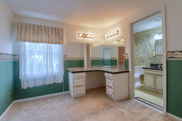 full bathroom with carpet flooring, toilet, vanity, and wainscoting