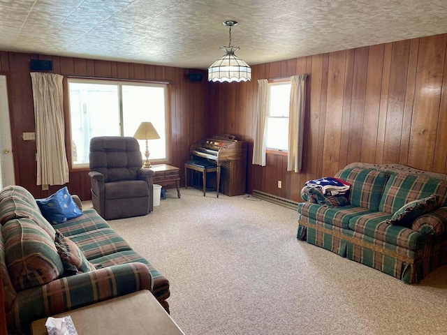 carpeted living room featuring baseboard heating and wood walls