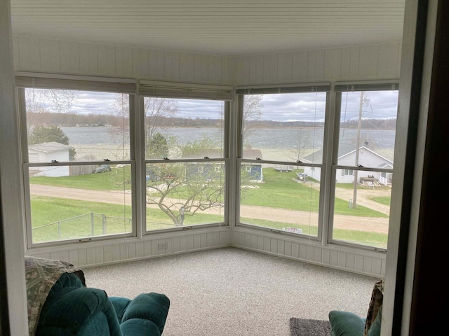 sunroom featuring plenty of natural light, carpet floors, and a water view