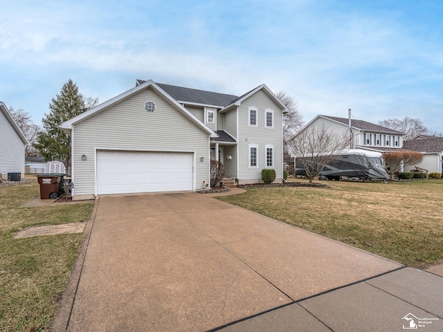 traditional home with concrete driveway, central air condition unit, an attached garage, and a front lawn