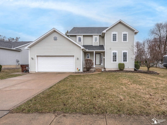 traditional-style house with driveway, an attached garage, a shingled roof, and a front yard