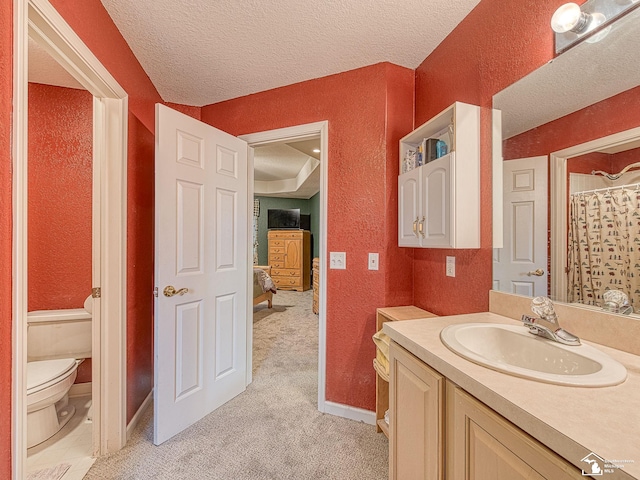 full bathroom featuring toilet, vanity, baseboards, and a textured ceiling