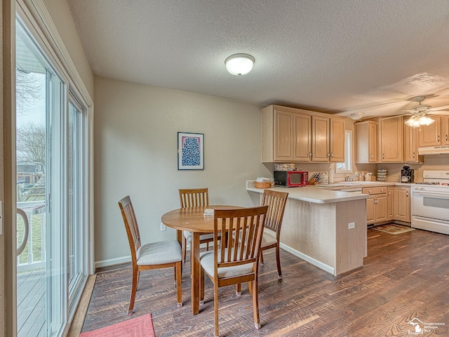kitchen with light countertops, a peninsula, white gas stove, under cabinet range hood, and dark wood-style floors