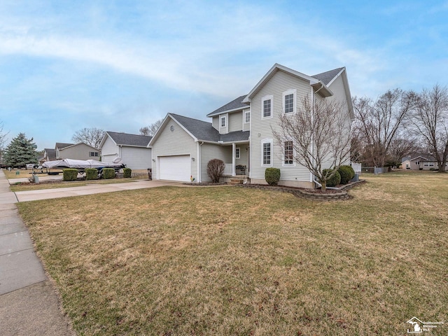 traditional home featuring a front yard, concrete driveway, roof with shingles, and an attached garage