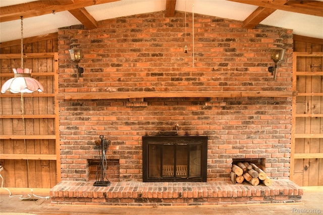 1521 Ferris Ave, Lincoln Park, MI 48146 - detailed view of beamed ceiling, wooden walls, and a brick fireplace