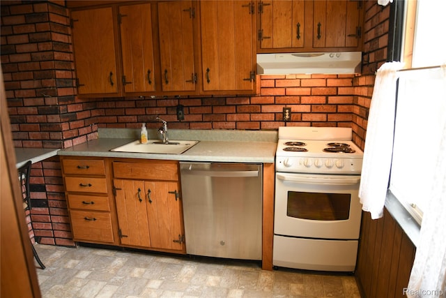 1521 Ferris Ave, Lincoln Park, MI 48146 - kitchen featuring stainless steel dishwasher, white range with electric stovetop, under cabinet range hood, a sink, and light countertops