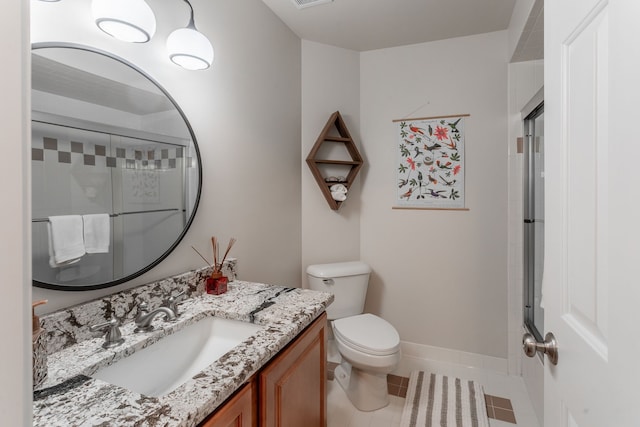 full bath featuring tile patterned flooring, an enclosed shower, toilet, vanity, and visible vents