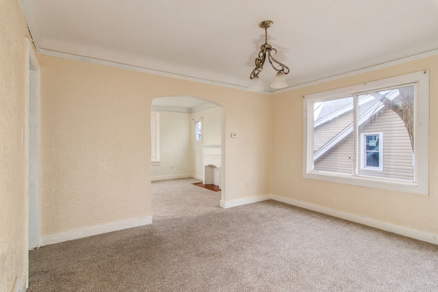 16917 Griggs St, Detroit, MI 48221 - spare room with light carpet, a wealth of natural light, crown molding, and arched walkways