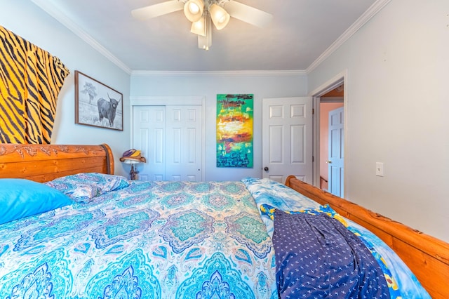 3803 Miller Rd, Kalamazoo, MI 49001 - bedroom featuring crown molding, ceiling fan, and a closet