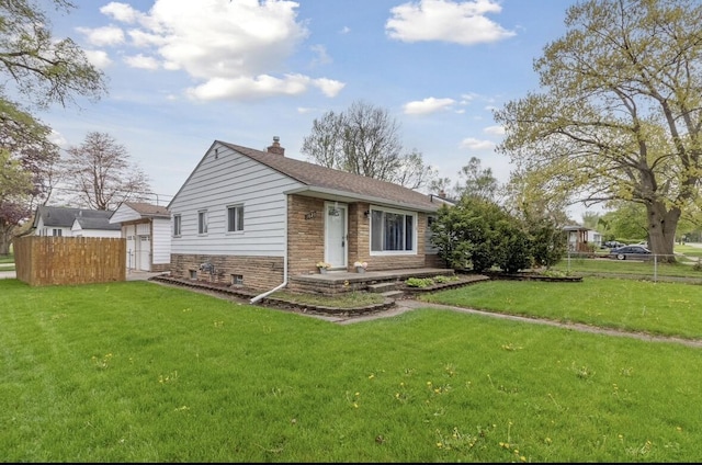 view of front of home featuring a front lawn, fence, stone siding, and a chimney