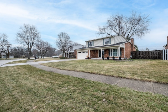 traditional-style home with fence, driveway, covered porch, brick siding, and a chimney