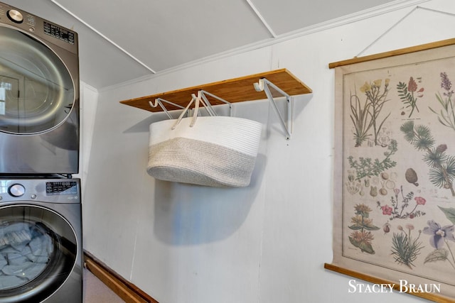 2620 36th St, Allegan, MI 49010 - laundry room with crown molding, stacked washing maching and dryer, and laundry area