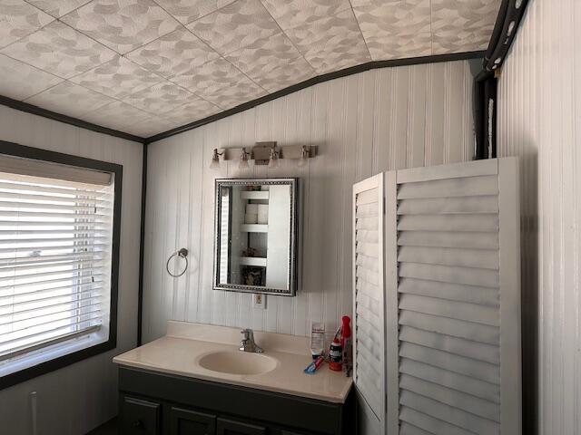 8034 N Johnson Rd, Irons, MI 49644 - bathroom featuring crown molding and vanity