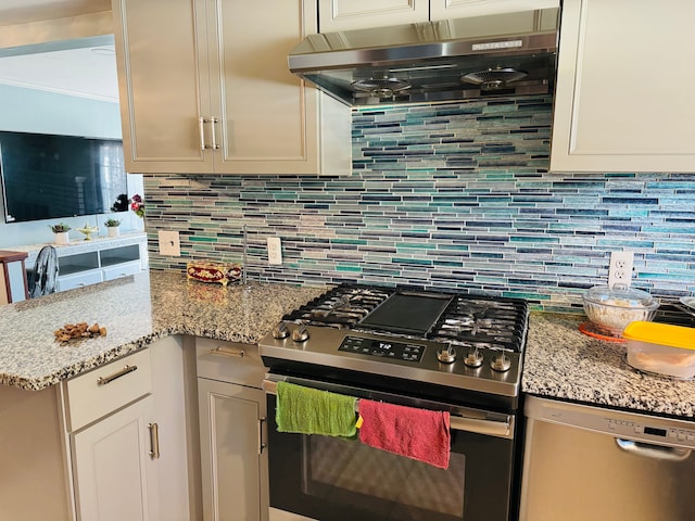 30347 Dell Ln, Warren, MI 48092 - kitchen featuring appliances with stainless steel finishes, under cabinet range hood, tasteful backsplash, light stone countertops, and white cabinets