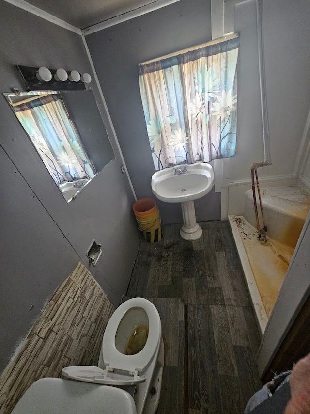 full bathroom with toilet, a sink, a shower stall, and wood finished floors