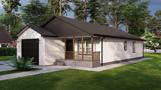 view of front facade featuring a porch, a front lawn, and an attached garage