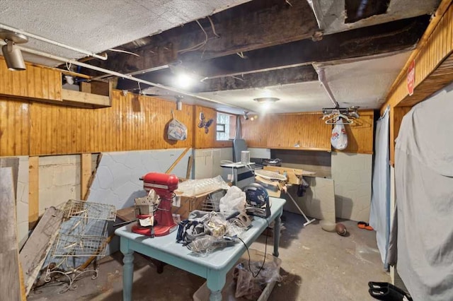 basement featuring concrete block wall and wood walls