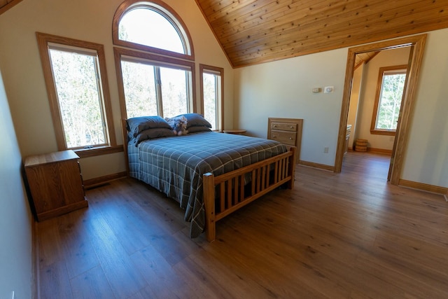 bedroom featuring hardwood / wood-style floors, wooden ceiling, and baseboards