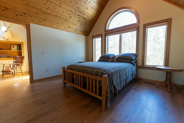 bedroom featuring wood-type flooring, wooden ceiling, high vaulted ceiling, baseboards, and visible vents