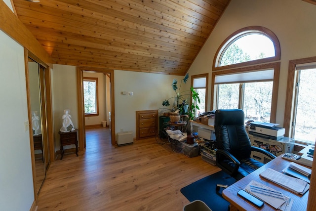office area with baseboards, high vaulted ceiling, wooden ceiling, and light wood finished floors