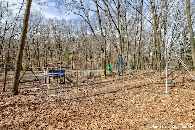 community jungle gym featuring a view of trees