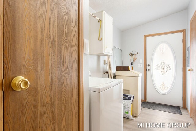 13879 49th St, Grand Junction, MI 49056 - clothes washing area featuring cabinet space, washer / clothes dryer, and light wood-style floors