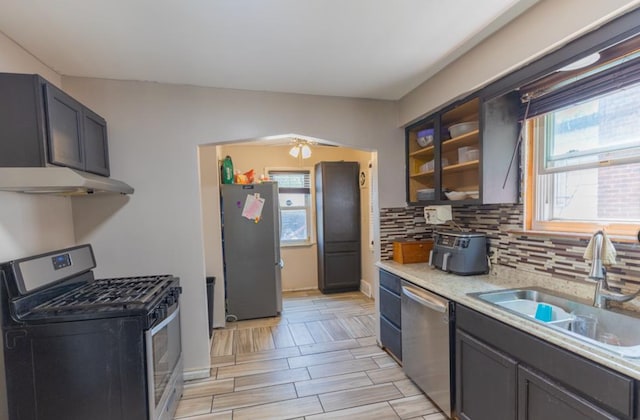kitchen featuring tasteful backsplash, stainless steel appliances, under cabinet range hood, a sink, and glass insert cabinets